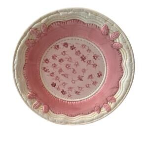 Yankee Candle Pink Floral Ceramic Candle Plate Tray Holder 8” Raised Leaf Border